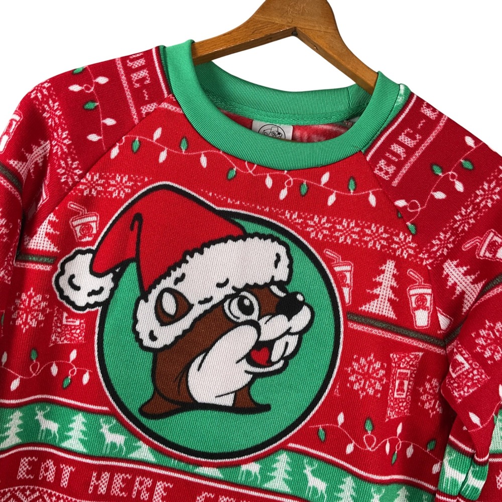 Buc-ees Sweatshirt Adult Small Red Green Holiday Ugly Christmas Beaver Mascot